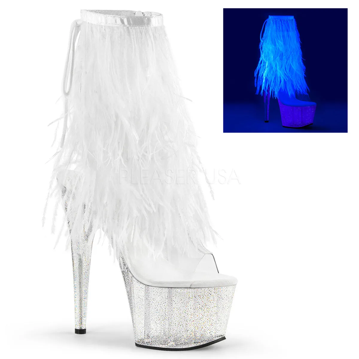 ADORE-1017MFF  Clear-White Marabou/Clear-Glitter