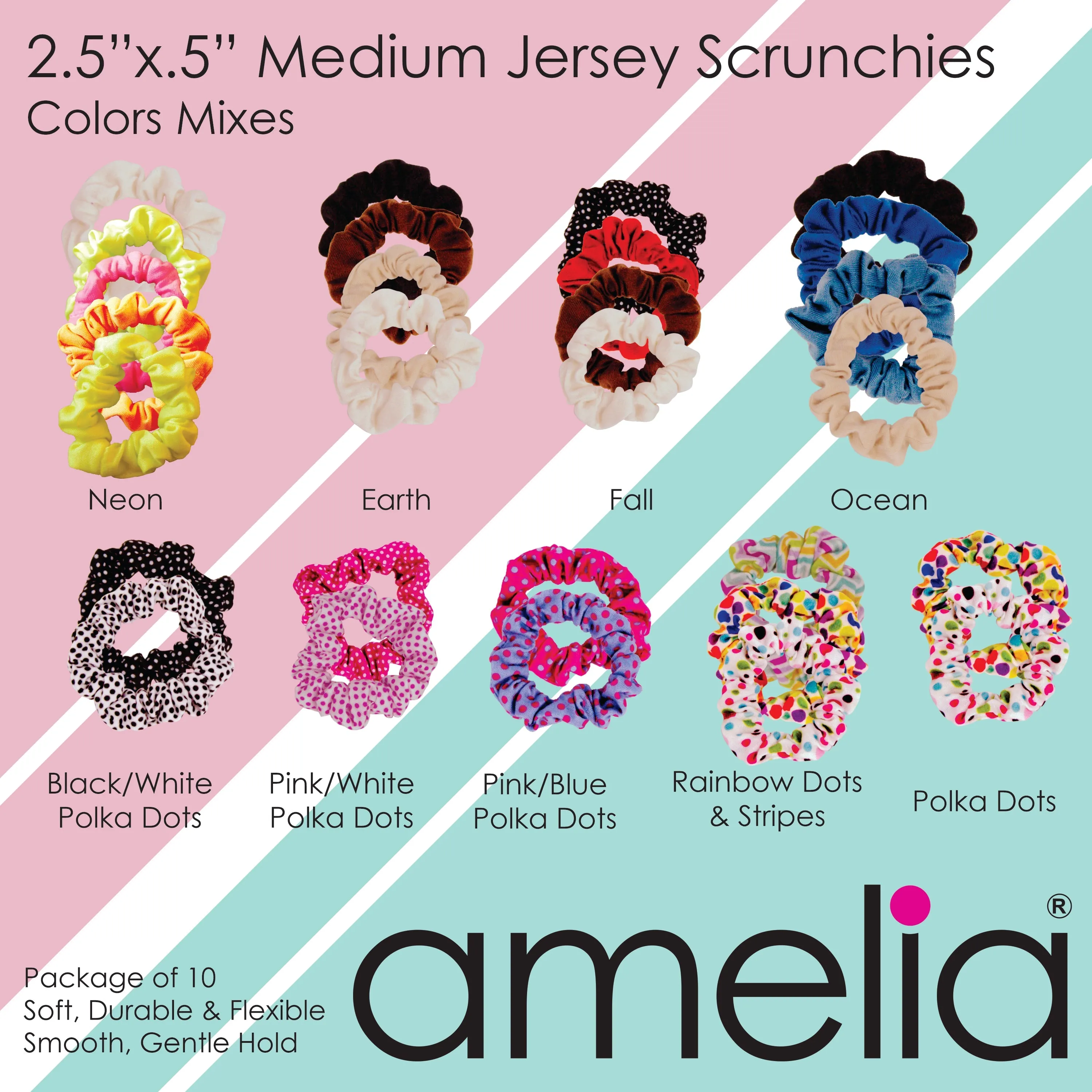 Amelia Beauty, Medium Light Sky Blue Jersey Scrunchies, 2.5in Diameter, Gentle on Hair, Strong Hold, No Snag, No Dents or Creases. 10 Pack