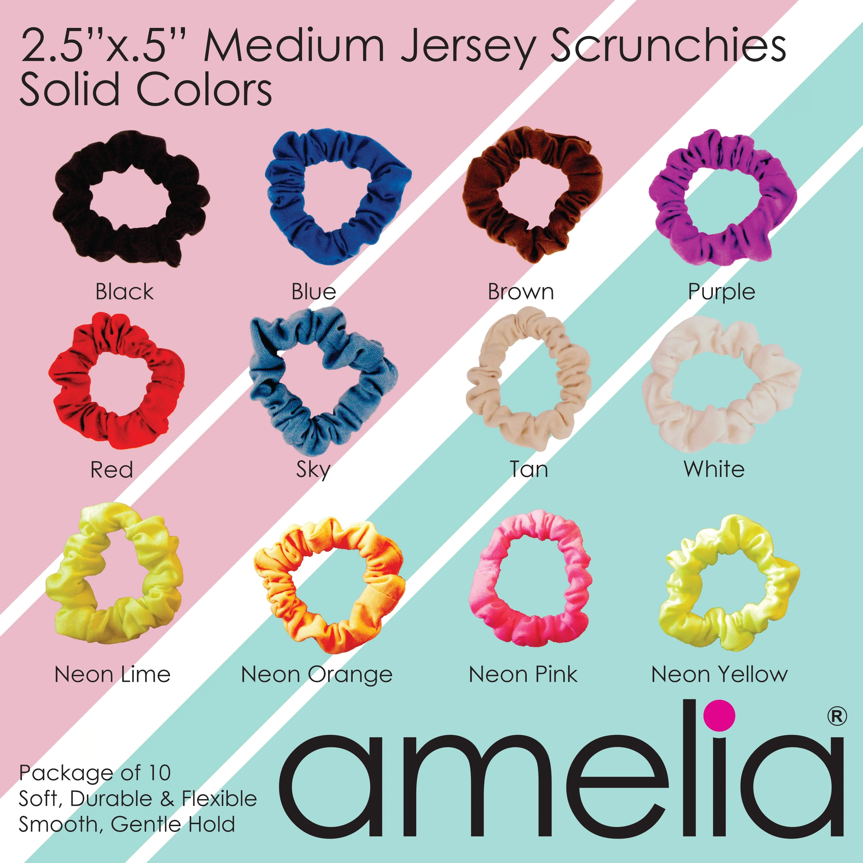 Amelia Beauty, Medium Light Sky Blue Jersey Scrunchies, 2.5in Diameter, Gentle on Hair, Strong Hold, No Snag, No Dents or Creases. 10 Pack