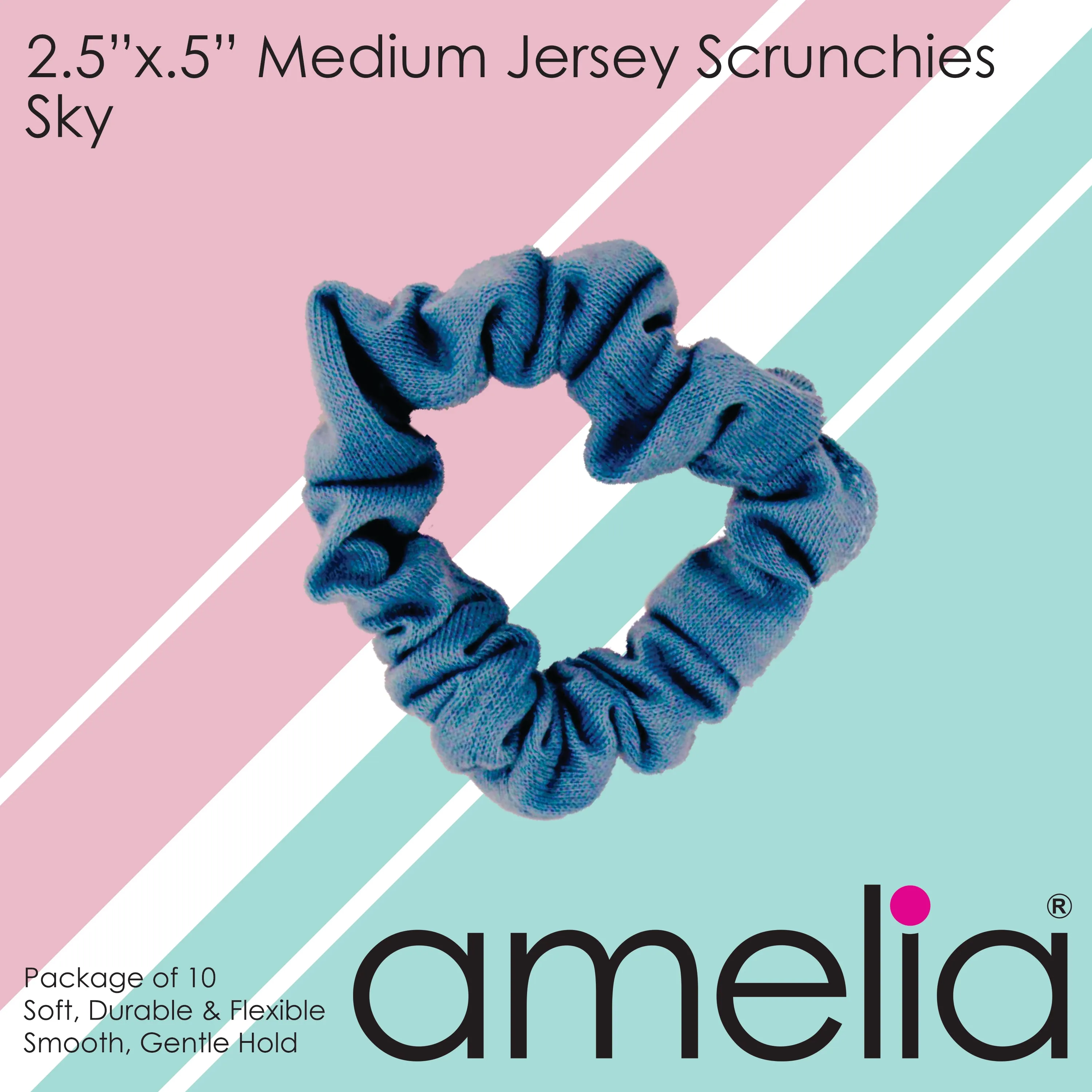 Amelia Beauty, Medium Light Sky Blue Jersey Scrunchies, 2.5in Diameter, Gentle on Hair, Strong Hold, No Snag, No Dents or Creases. 10 Pack