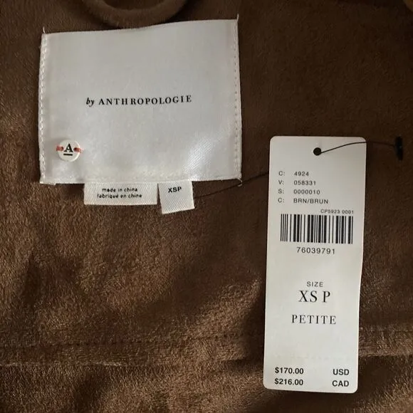 Anthropologie Faux Suede Brown Biker - Moto Jacket XS/P  New with Tags