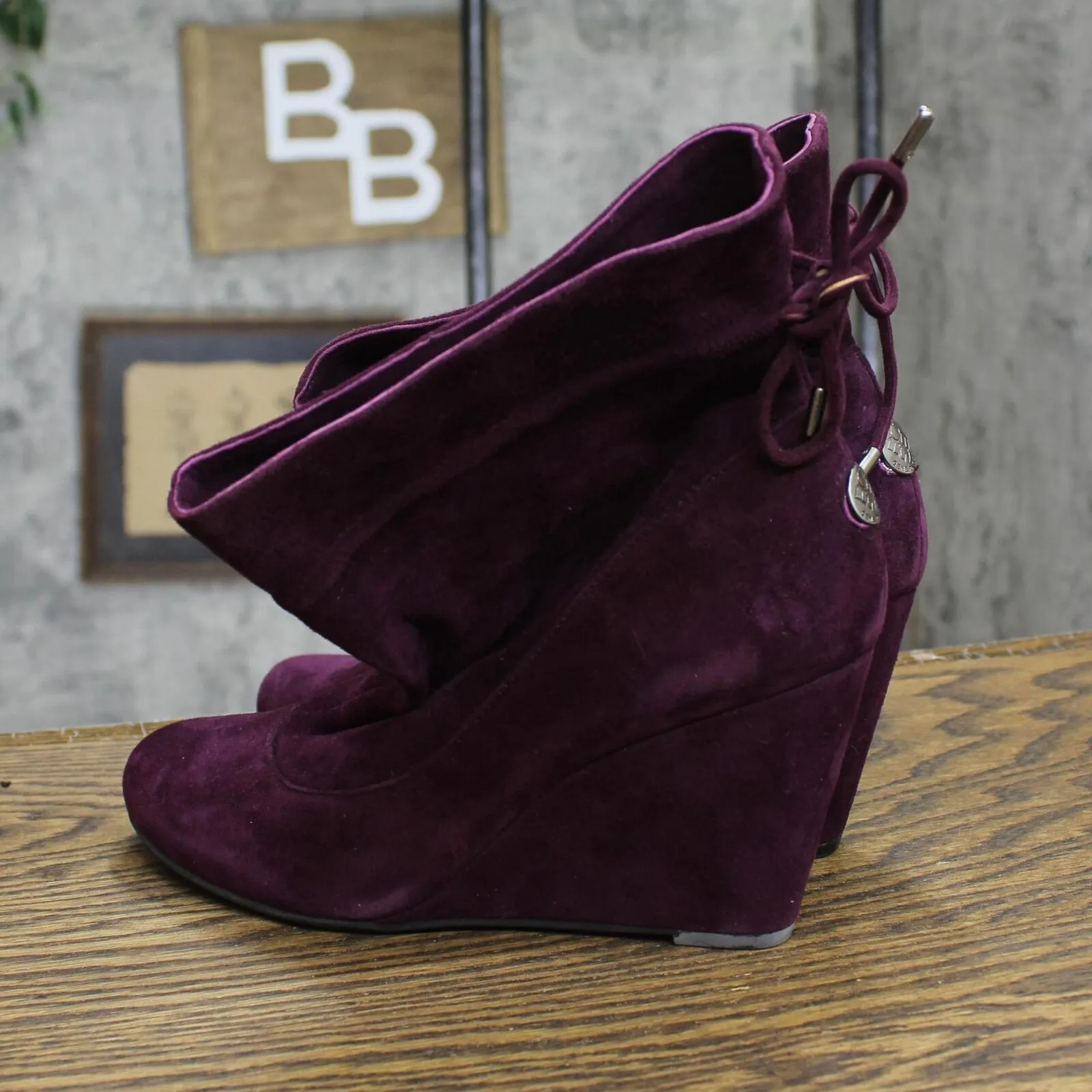 BCBGeneration Womens Suede Wedge Heel WESSY Slouch Boots Dark Plum Purple 7M