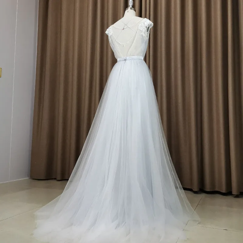 Beautiful Light Grey Tulle Long Party Dress, Light Grey Evening Gown