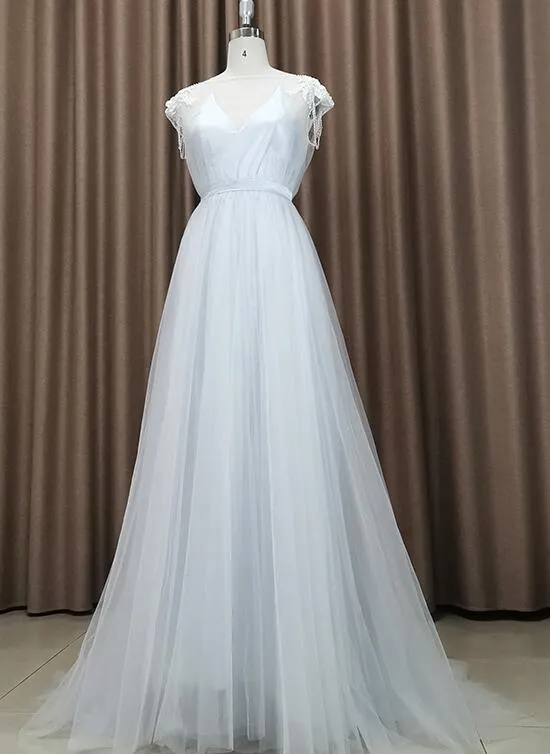 Beautiful Light Grey Tulle Long Party Dress, Light Grey Evening Gown