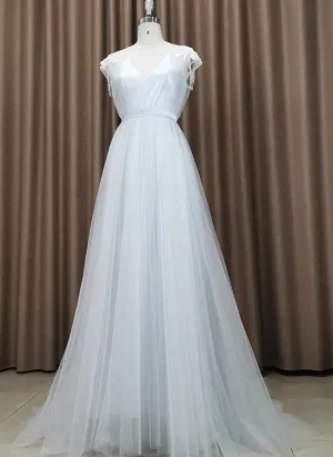 Beautiful Light Grey Tulle Long Party Dress, Light Grey Evening Gown