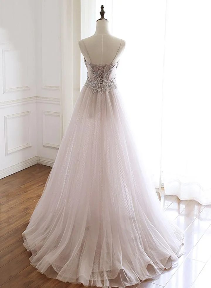 Beautiful Light Pink Tulle Sweetheart Beaded Party Gown, Long Prom Dress