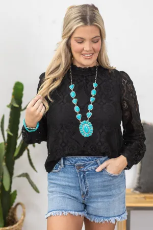 Black Lace Mock Neck Woven Top