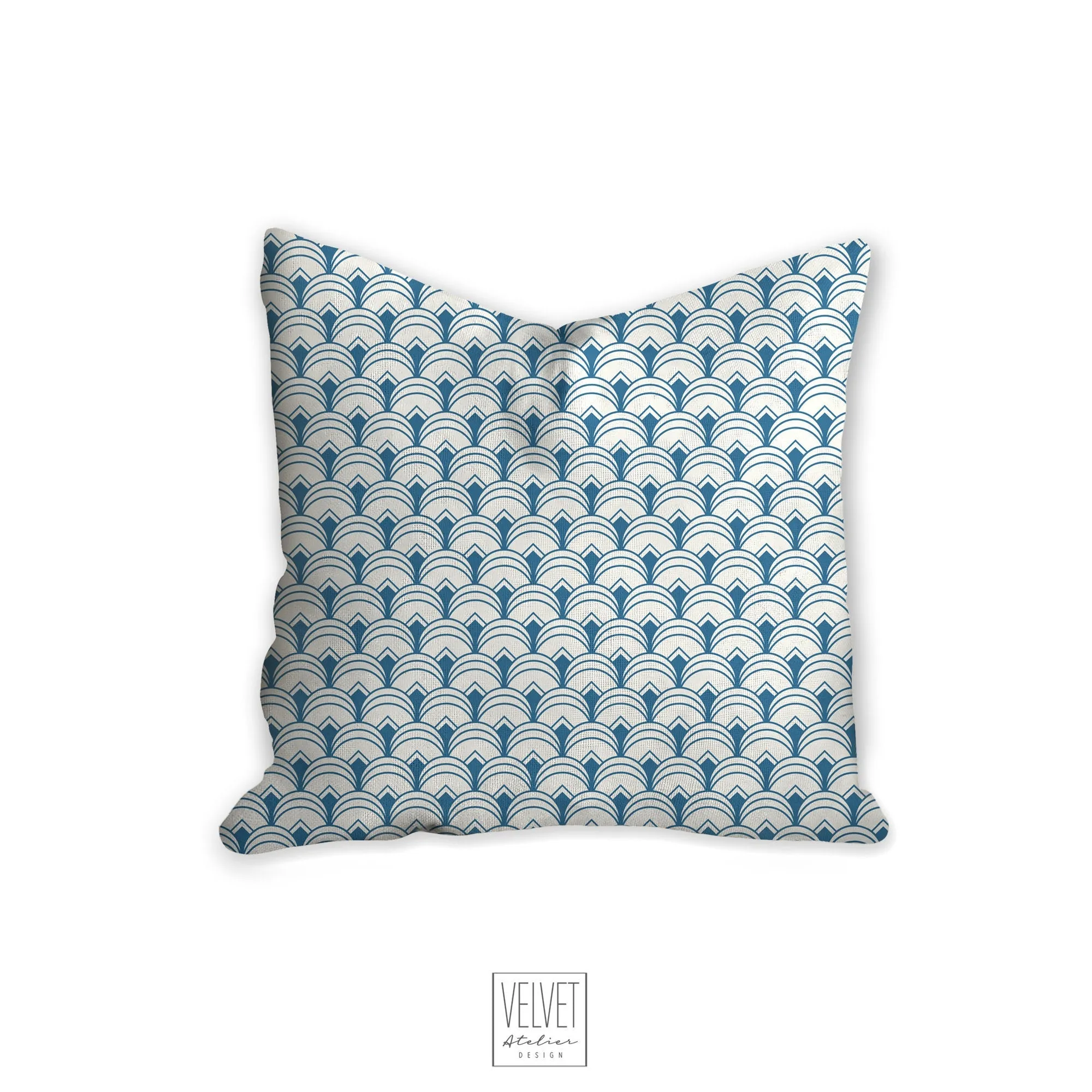 Blue art deco pillow, scalloped pattern, throw pillow, retro, interior design, modern pillow, Interior decor, pillow cover, home accents