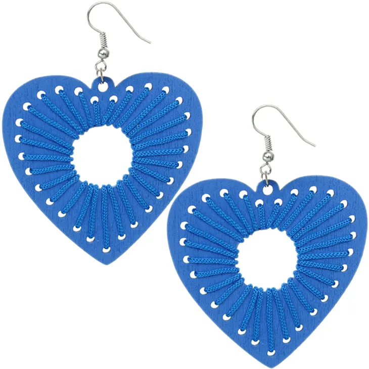 Blue Wooden Woven Heart Earrings