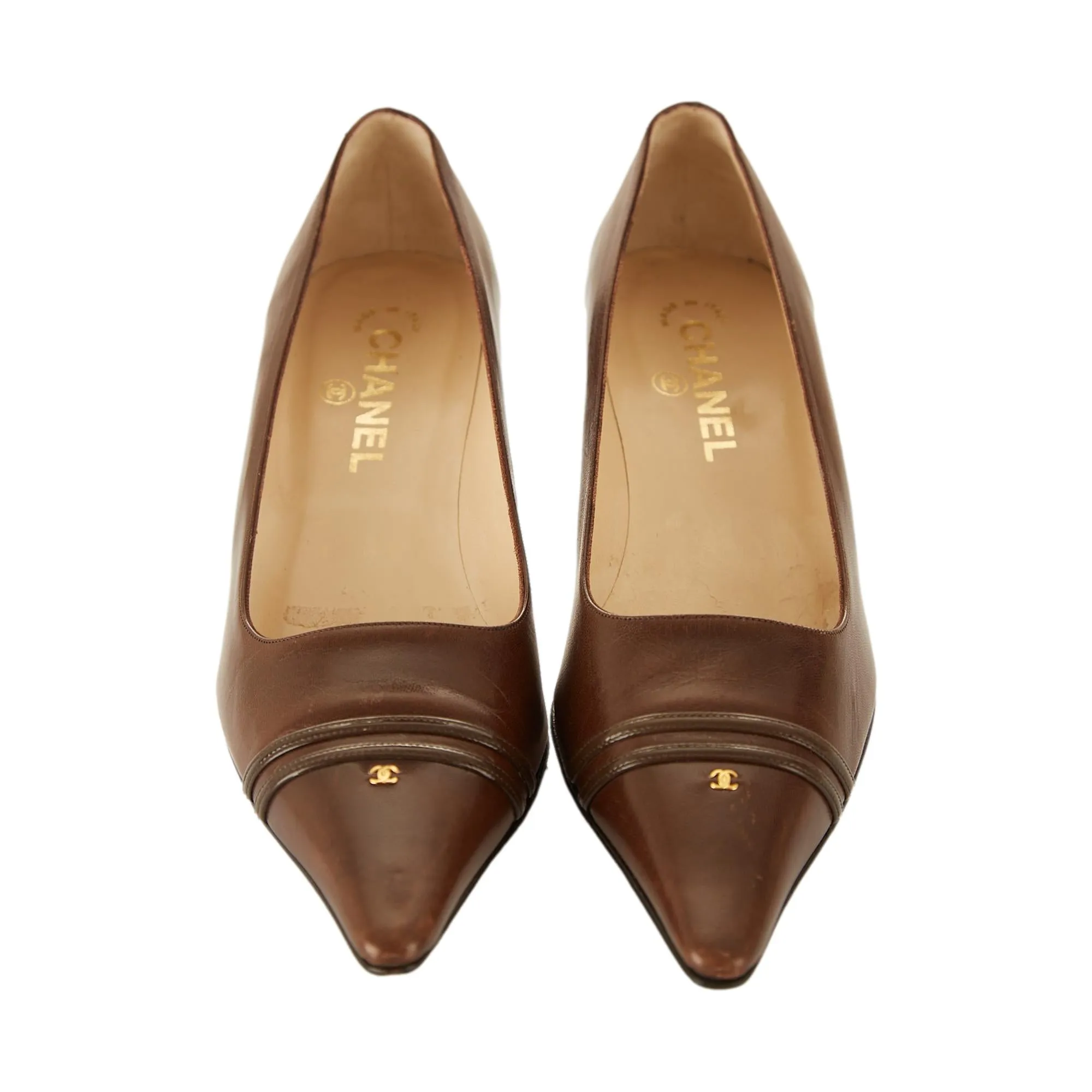Chanel Brown Leather Logo Heels
