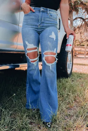 Charity Distressed Flare Jeans - Medium Wash