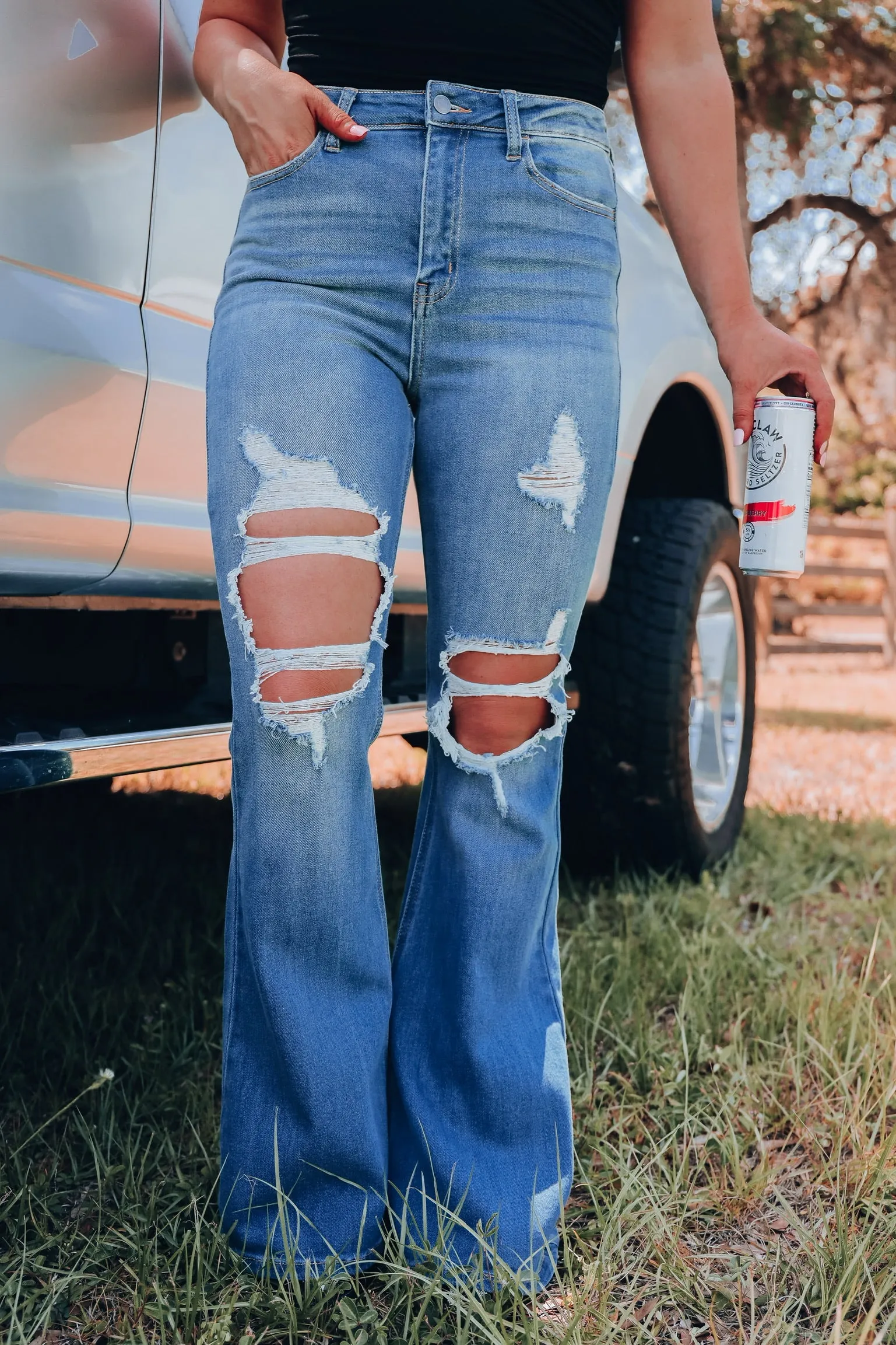 Charity Distressed Flare Jeans - Medium Wash
