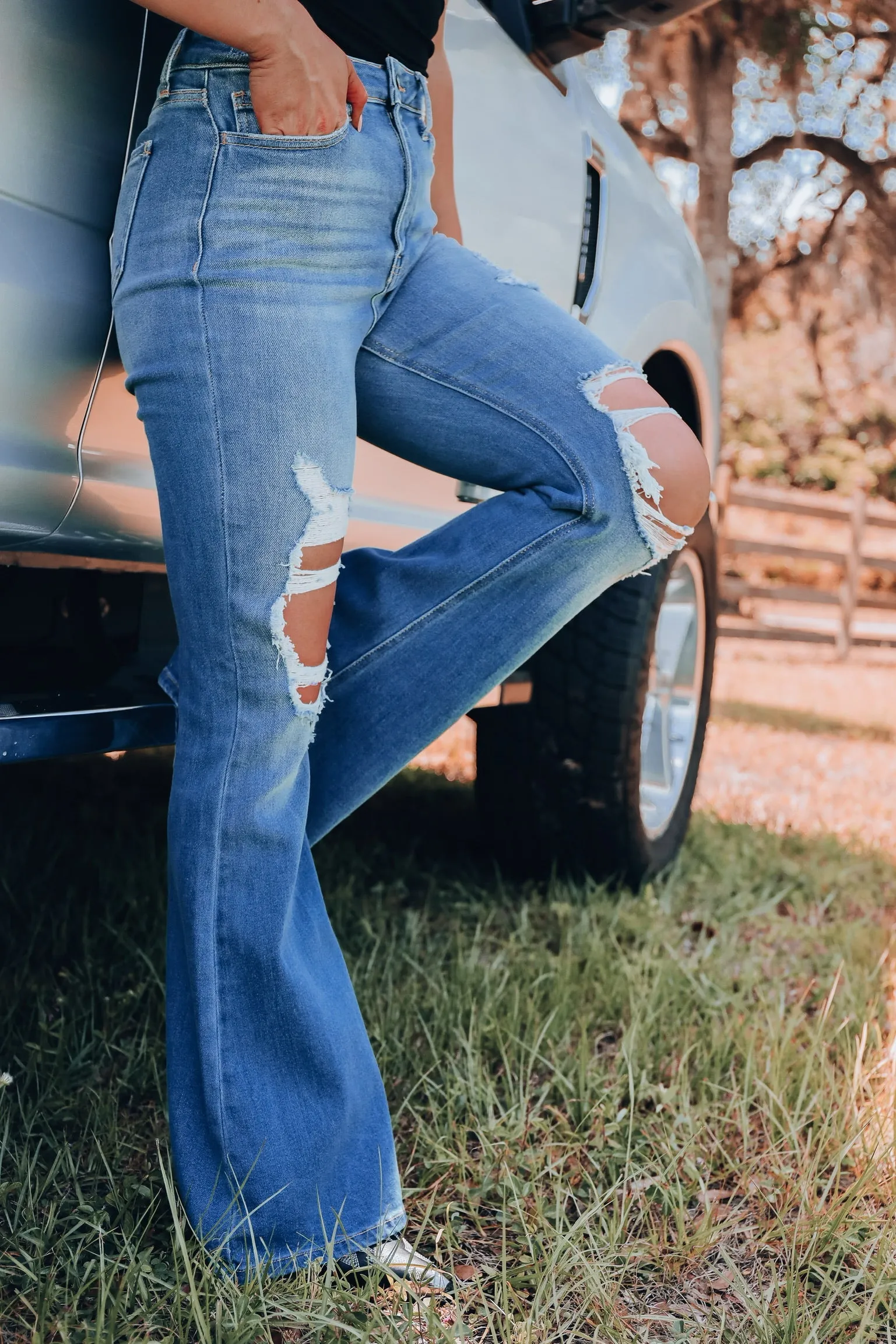 Charity Distressed Flare Jeans - Medium Wash