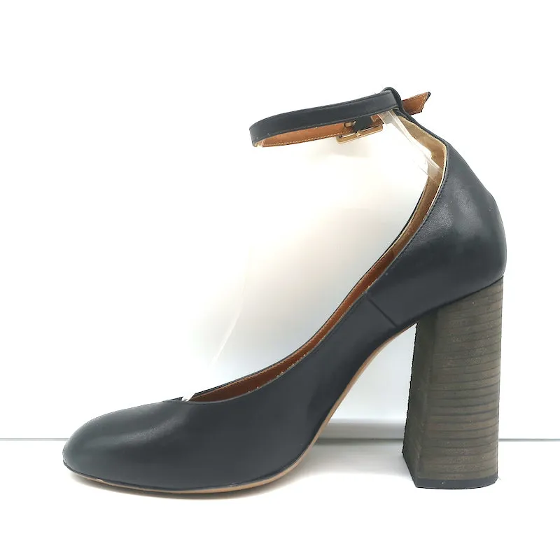 Chloe Ankle Strap Block Heel Pumps Black Leather Size 40