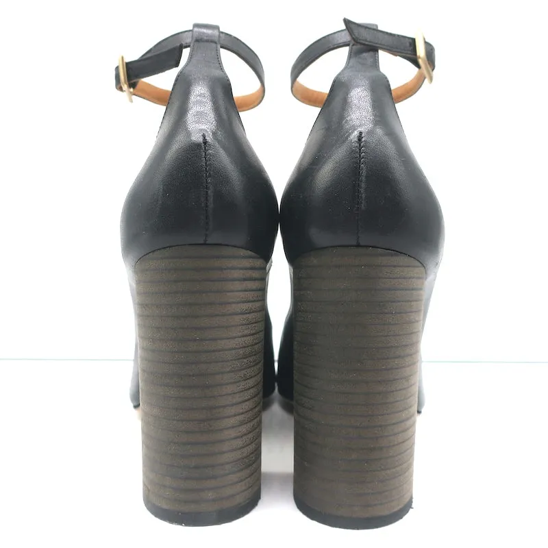 Chloe Ankle Strap Block Heel Pumps Black Leather Size 40