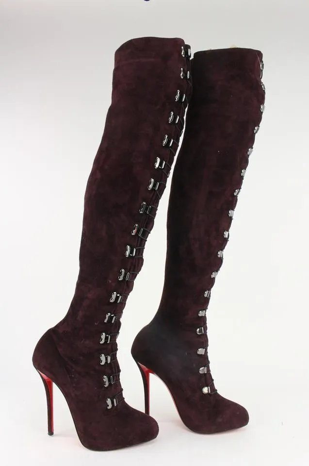 Christian Louboutin Women's 39 Maroon Suede Over The Knee Boots 1122cl22