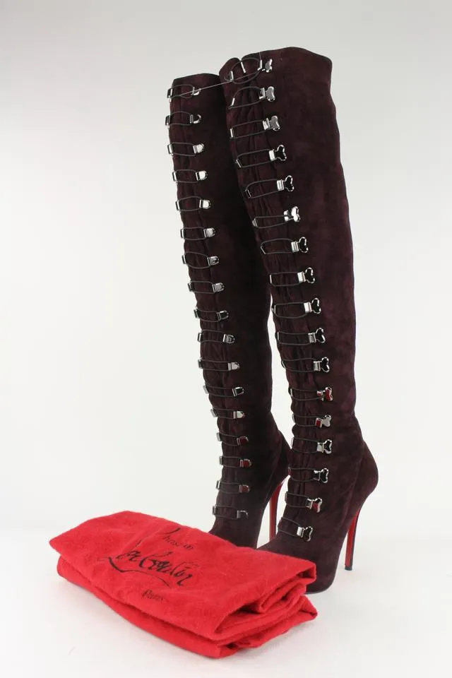 Christian Louboutin Women's 39 Maroon Suede Over The Knee Boots 1122cl22