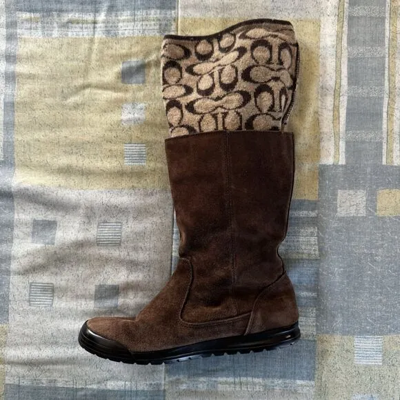 Coach Tatum Brown Genuine Suede Signature Wool Logo Cuff Women Boots Sz 6M