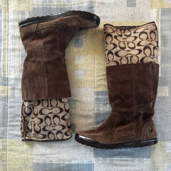 Coach Tatum Brown Genuine Suede Signature Wool Logo Cuff Women Boots Sz 6M