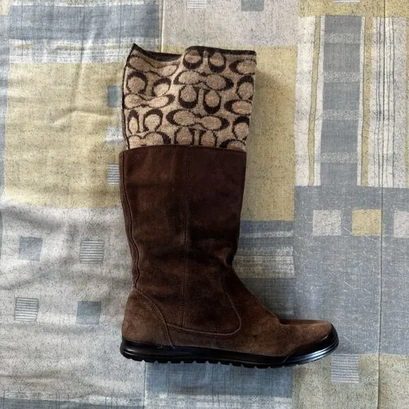 Coach Tatum Brown Genuine Suede Signature Wool Logo Cuff Women Boots Sz 6M
