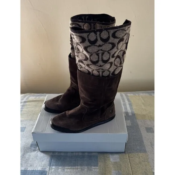 Coach Tatum Brown Genuine Suede Signature Wool Logo Cuff Women Boots Sz 6M
