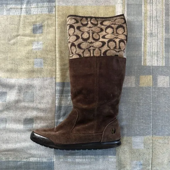 Coach Tatum Brown Genuine Suede Signature Wool Logo Cuff Women Boots Sz 6M