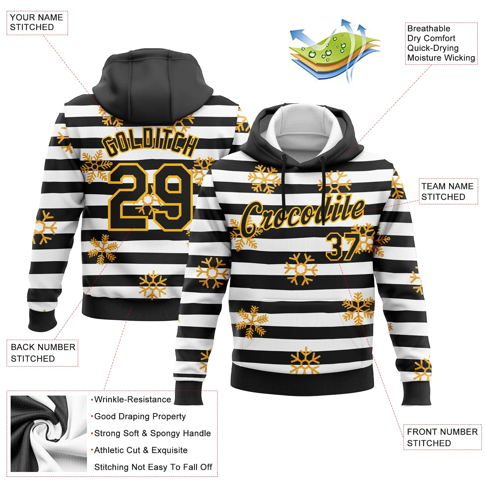 Custom Stitched Black Gold-White Christmas Gold Snowflakes 3D Sports Pullover Sweatshirt Hoodie