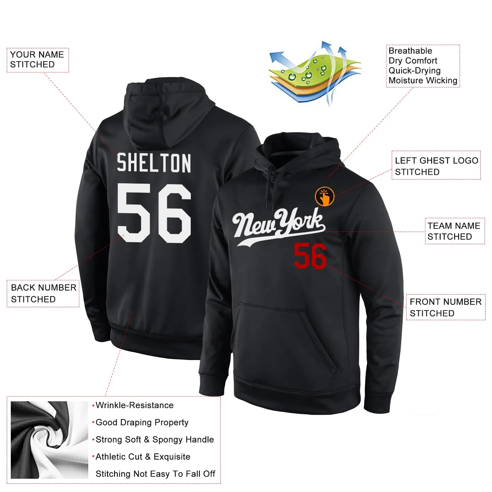 Custom Stitched Black White-Red Sports Pullover Sweatshirt Hoodie