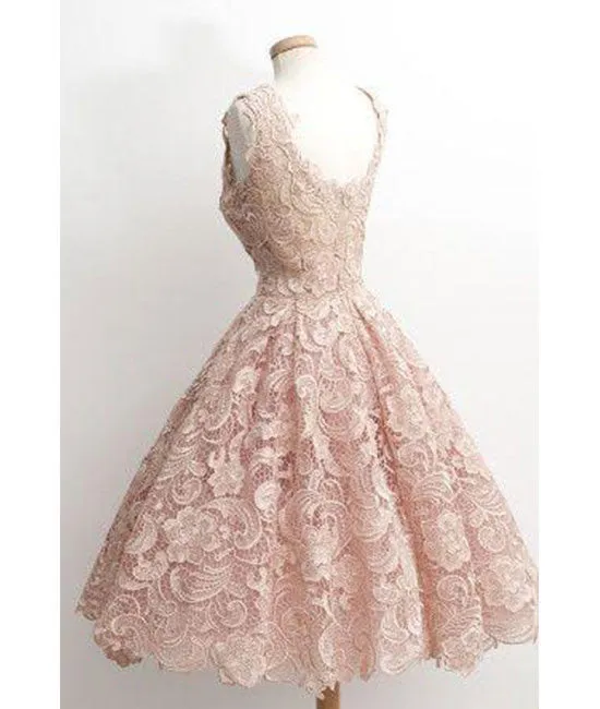 Cute light pink lace short prom dress, lace bridesmaid dress