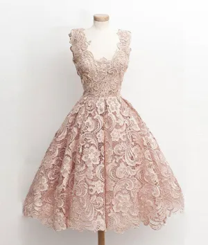 Cute light pink lace short prom dress, lace bridesmaid dress