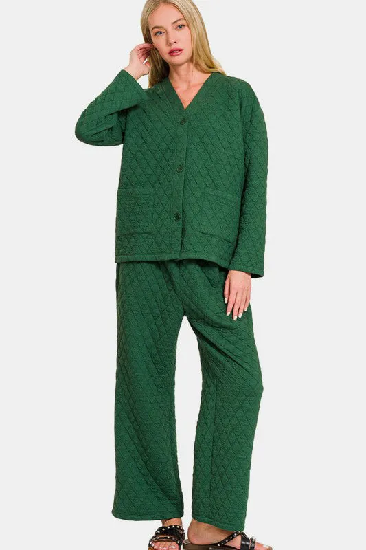 Dark Green Quilted Button Up Long Sleeve Top and Pants Lounge Set