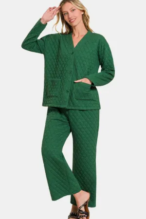Dark Green Quilted Button Up Long Sleeve Top and Pants Lounge Set