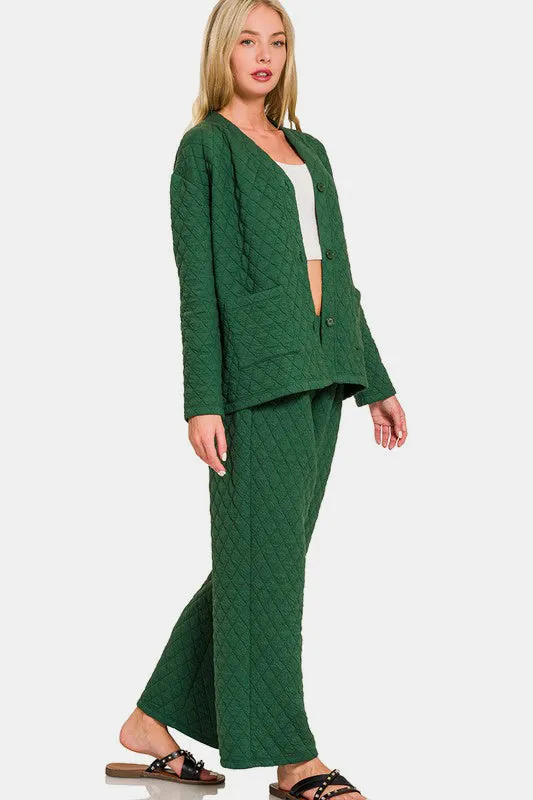 Dark Green Quilted Button Up Long Sleeve Top and Pants Lounge Set
