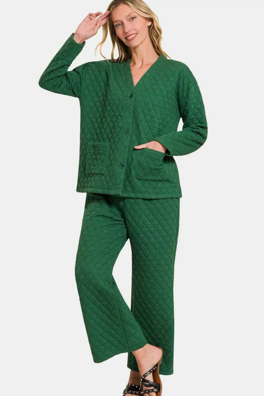 Dark Green Quilted Button Up Long Sleeve Top and Pants Lounge Set