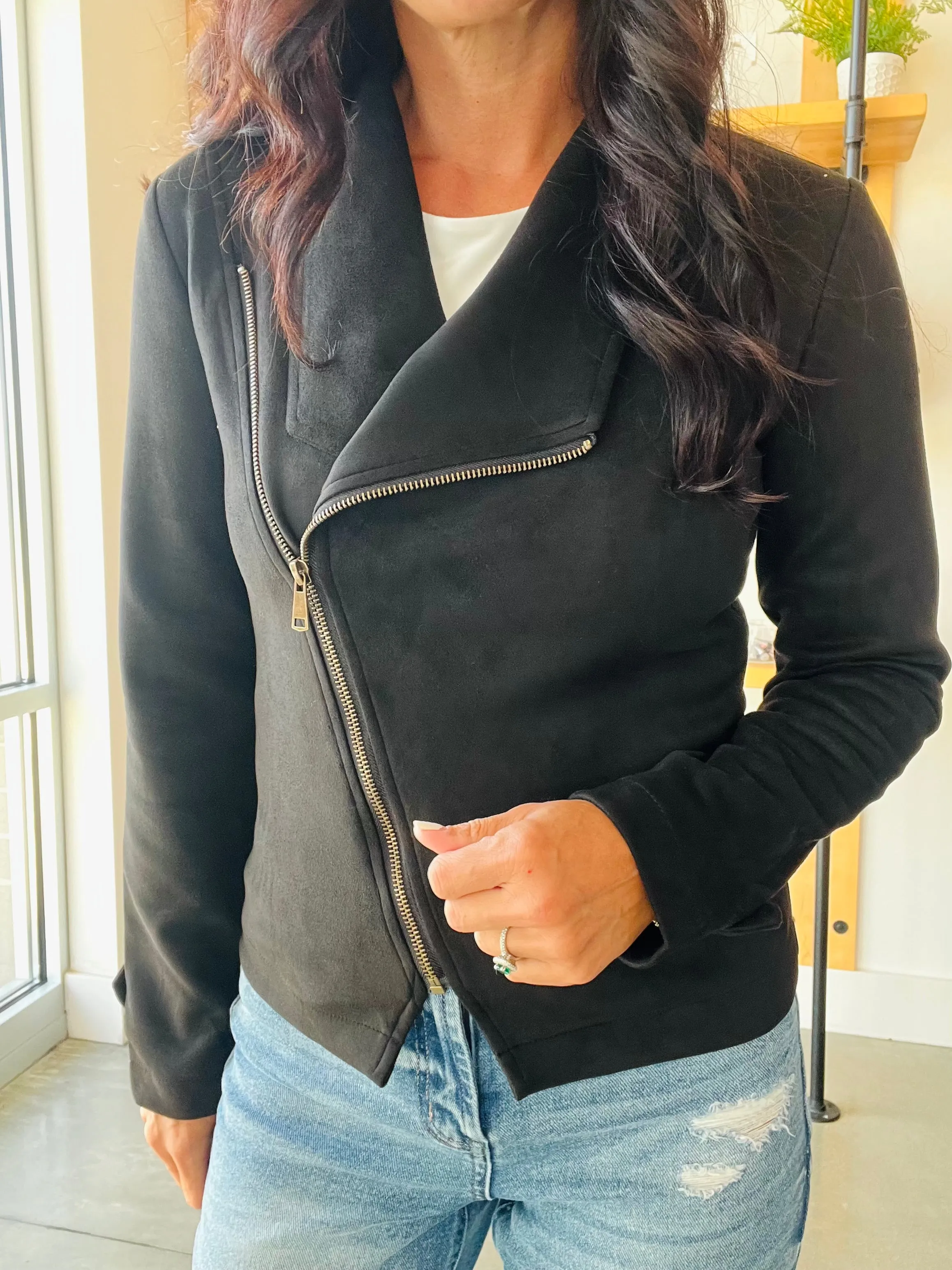 Faux Suede Moto Jacket in Black