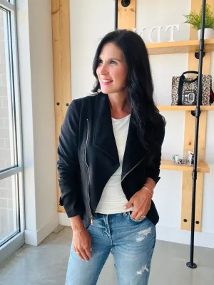 Faux Suede Moto Jacket in Black