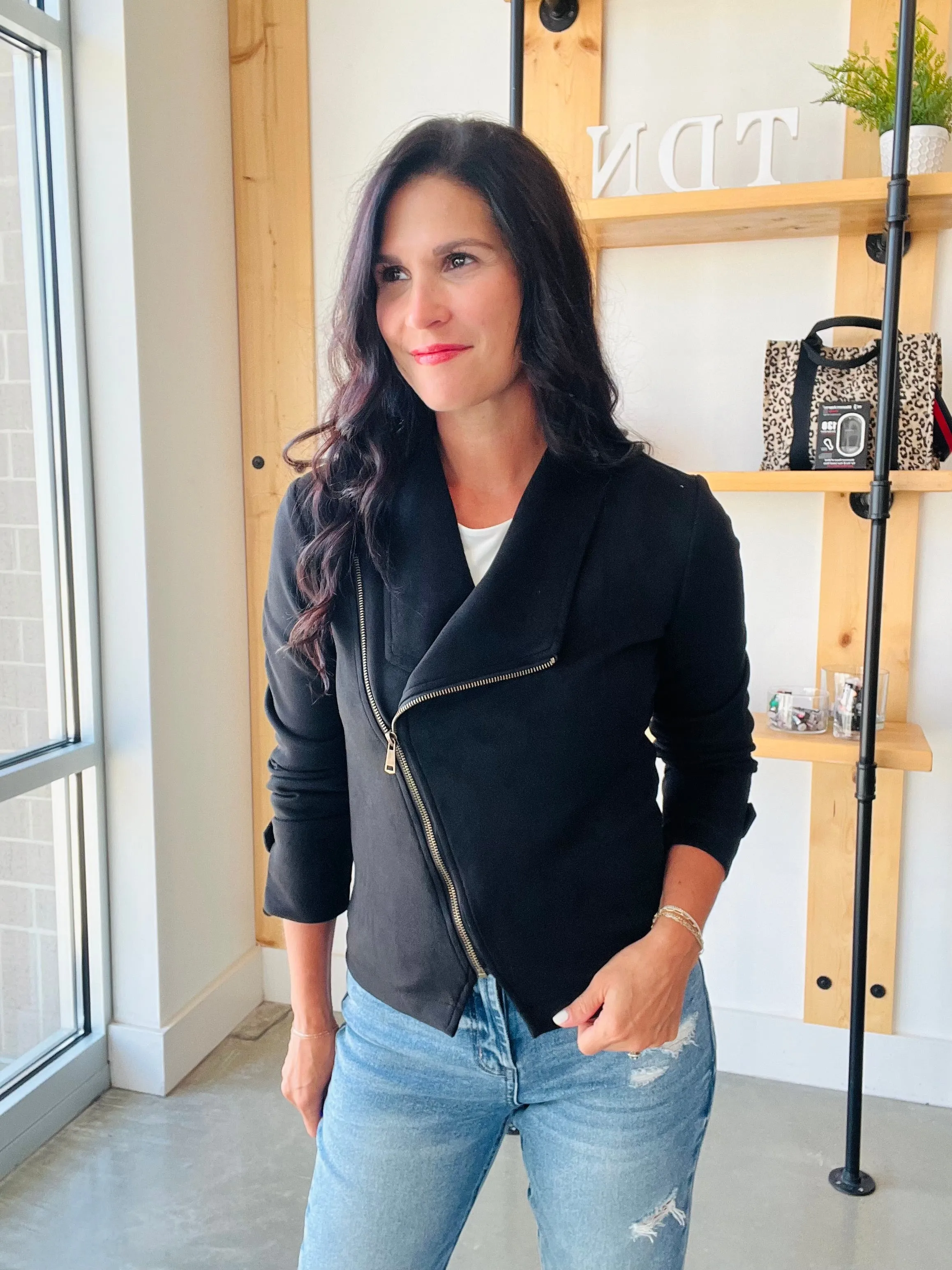 Faux Suede Moto Jacket in Black