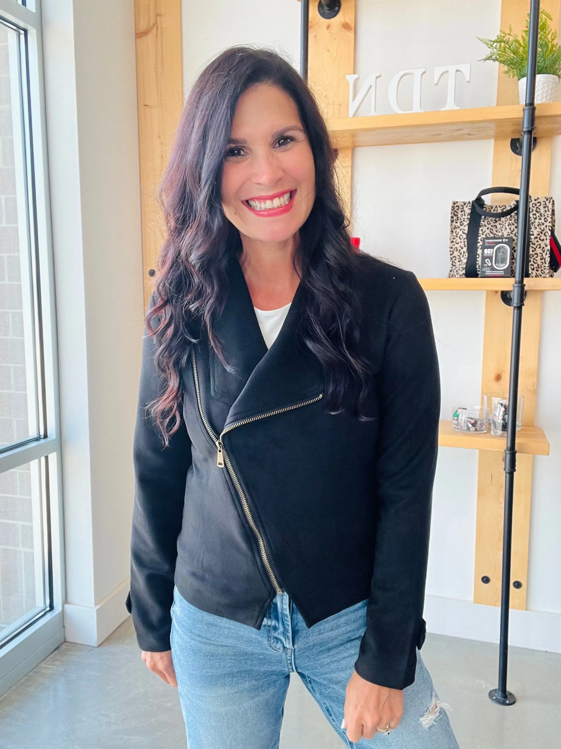 Faux Suede Moto Jacket in Black