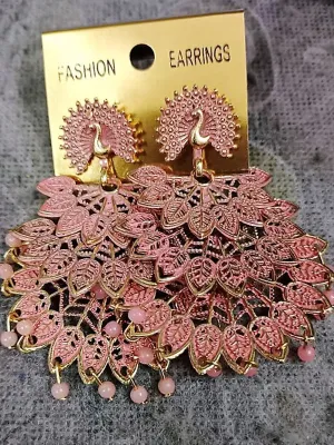 Golden Light Pink Pearls Drop Peacock Dangler Earrings