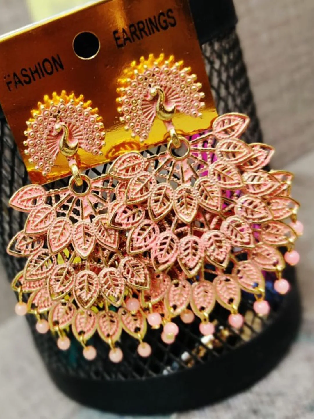 Golden Light Pink Pearls Drop Peacock Dangler Earrings