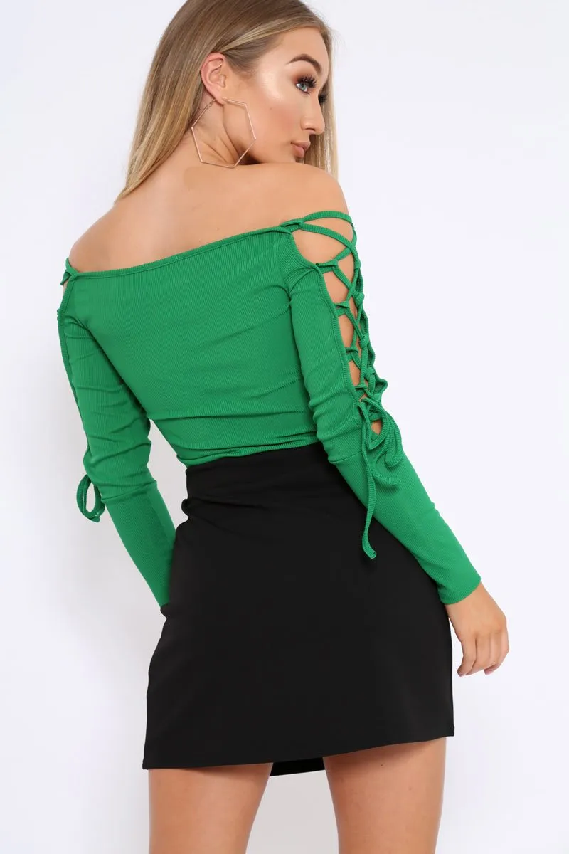 Green Ribbed Bardot Lace up Sleeve Top - Phoenix