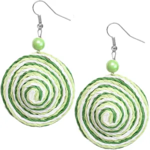 Green Swirl Bead Woven Dangle Earrings