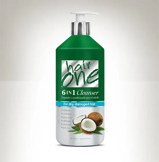 HAIR ONE 6 IN 1 CLEANSER – COCONUT OIL FOR DRY AND DAMAGED HAIR 33.8 OZ.