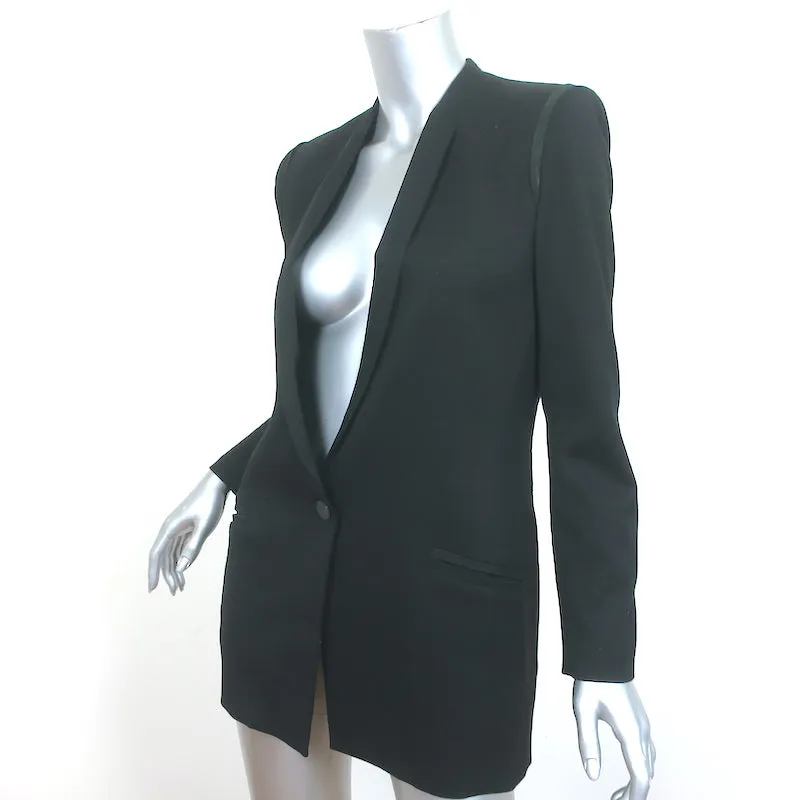 Helmut Lang Blazer Black Lamb Leather-Trim Smoking Wool Size 6 One Button Jacket