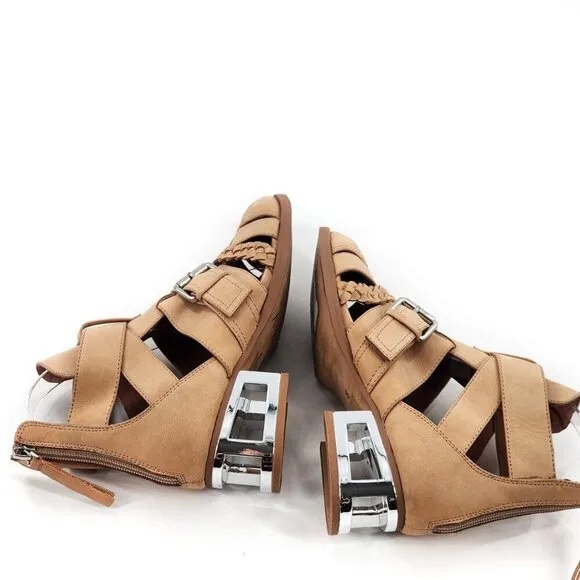 JEFFREY CAMPBELL Level Up Tan Suede Cut Out Strappy Boot Chrome Heel Zip