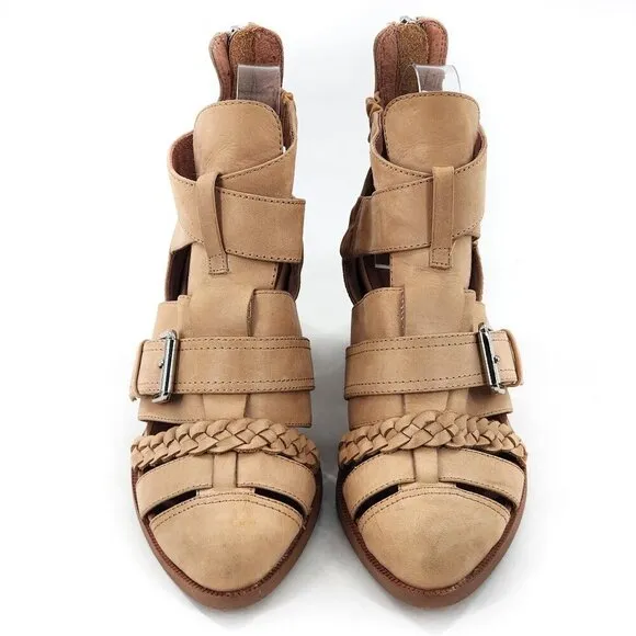 JEFFREY CAMPBELL Level Up Tan Suede Cut Out Strappy Boot Chrome Heel Zip