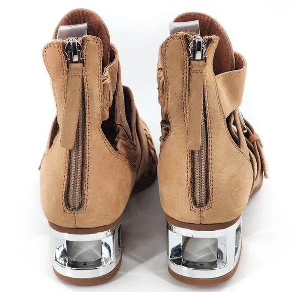 JEFFREY CAMPBELL Level Up Tan Suede Cut Out Strappy Boot Chrome Heel Zip