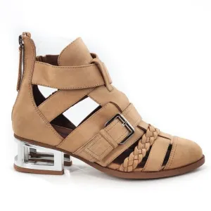 JEFFREY CAMPBELL Level Up Tan Suede Cut Out Strappy Boot Chrome Heel Zip