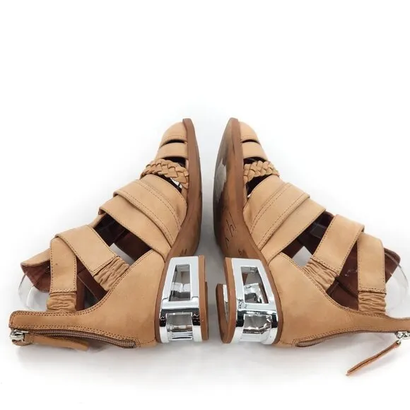 JEFFREY CAMPBELL Level Up Tan Suede Cut Out Strappy Boot Chrome Heel Zip