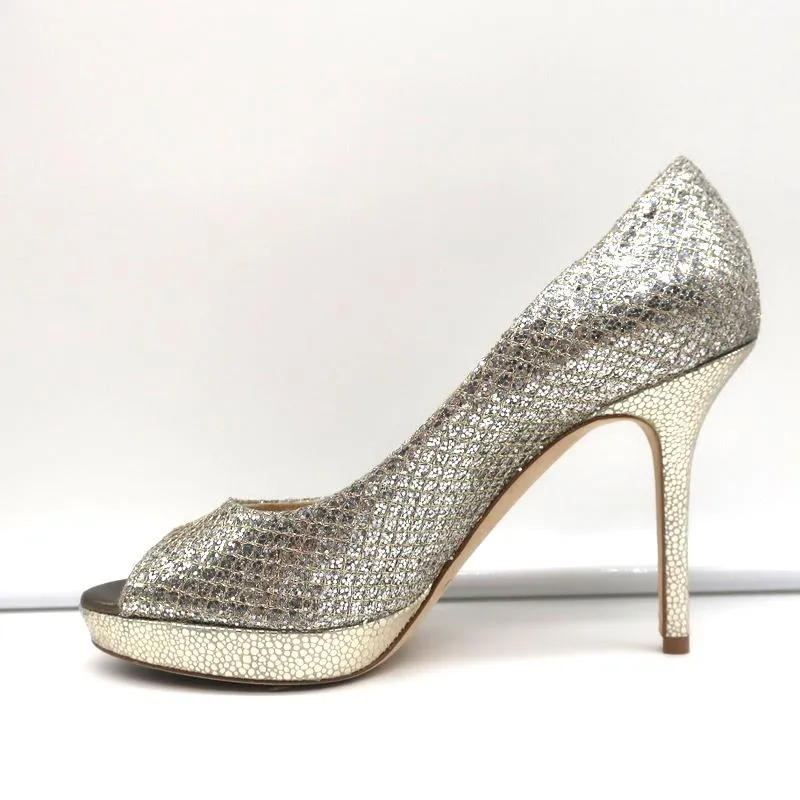 Jimmy Choo Luna Platform Pumps Champagne Glitter Fabric Size 35 Peep Toe Heels